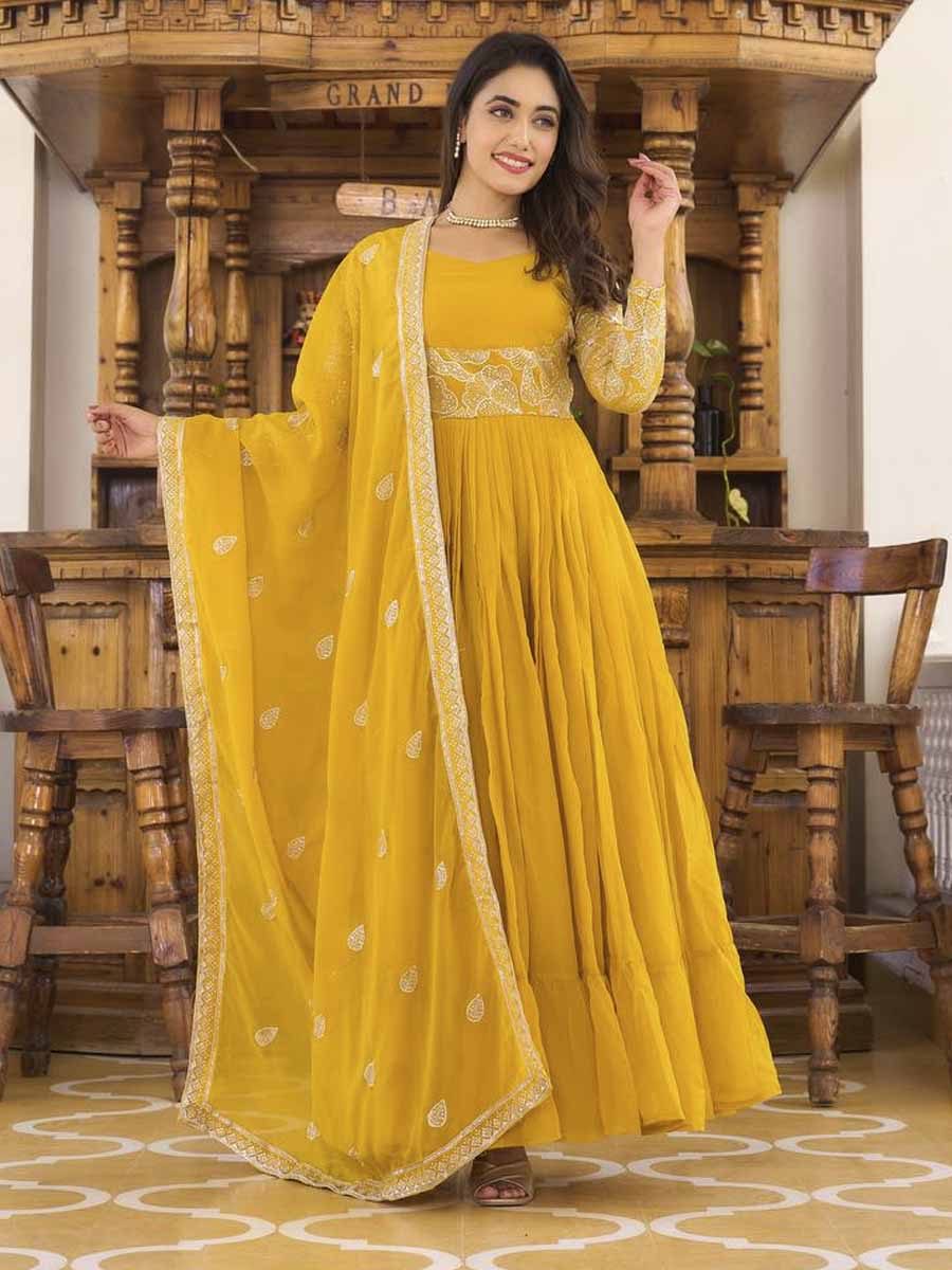 Yellow Faux Georgette Embroidered Festival Casual Gown