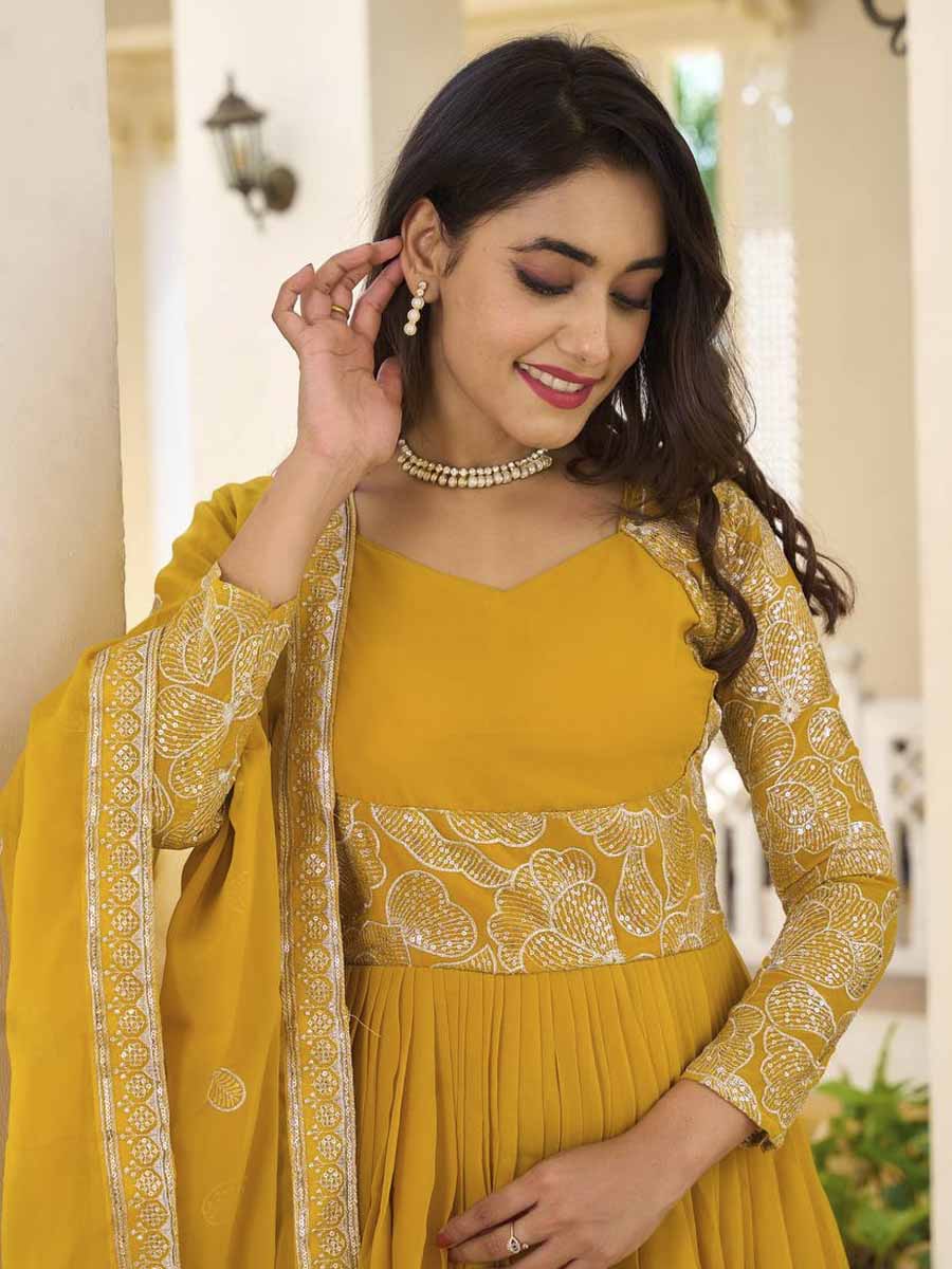 Yellow Faux Georgette Embroidered Festival Casual Gown