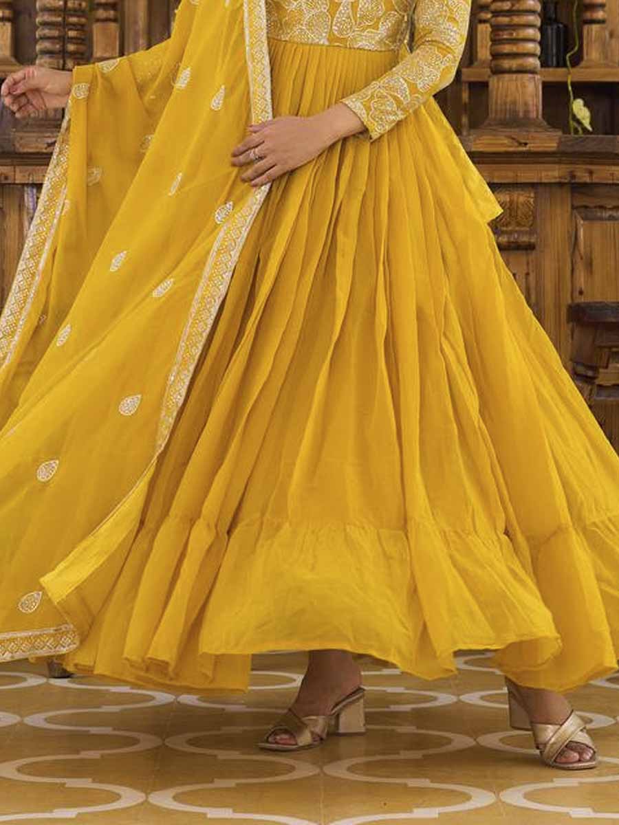 Yellow Faux Georgette Embroidered Festival Casual Gown