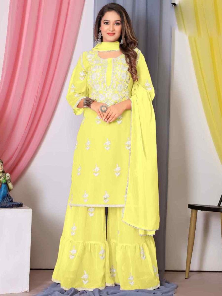 Yellow Faux Georgette Embroidered Festival Casual Ready Sharara Pant Salwar Kameez
