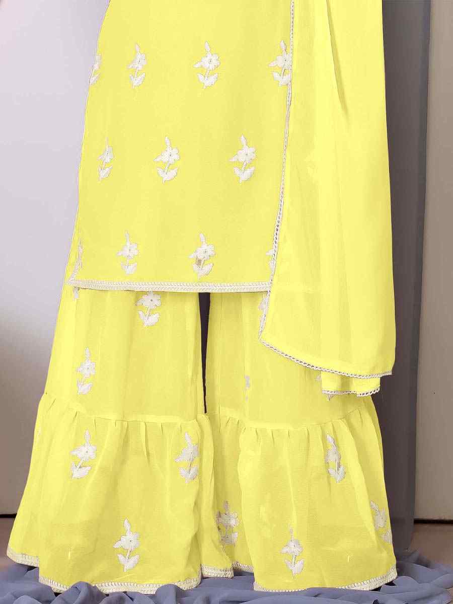 Yellow Faux Georgette Embroidered Festival Casual Ready Sharara Pant Salwar Kameez