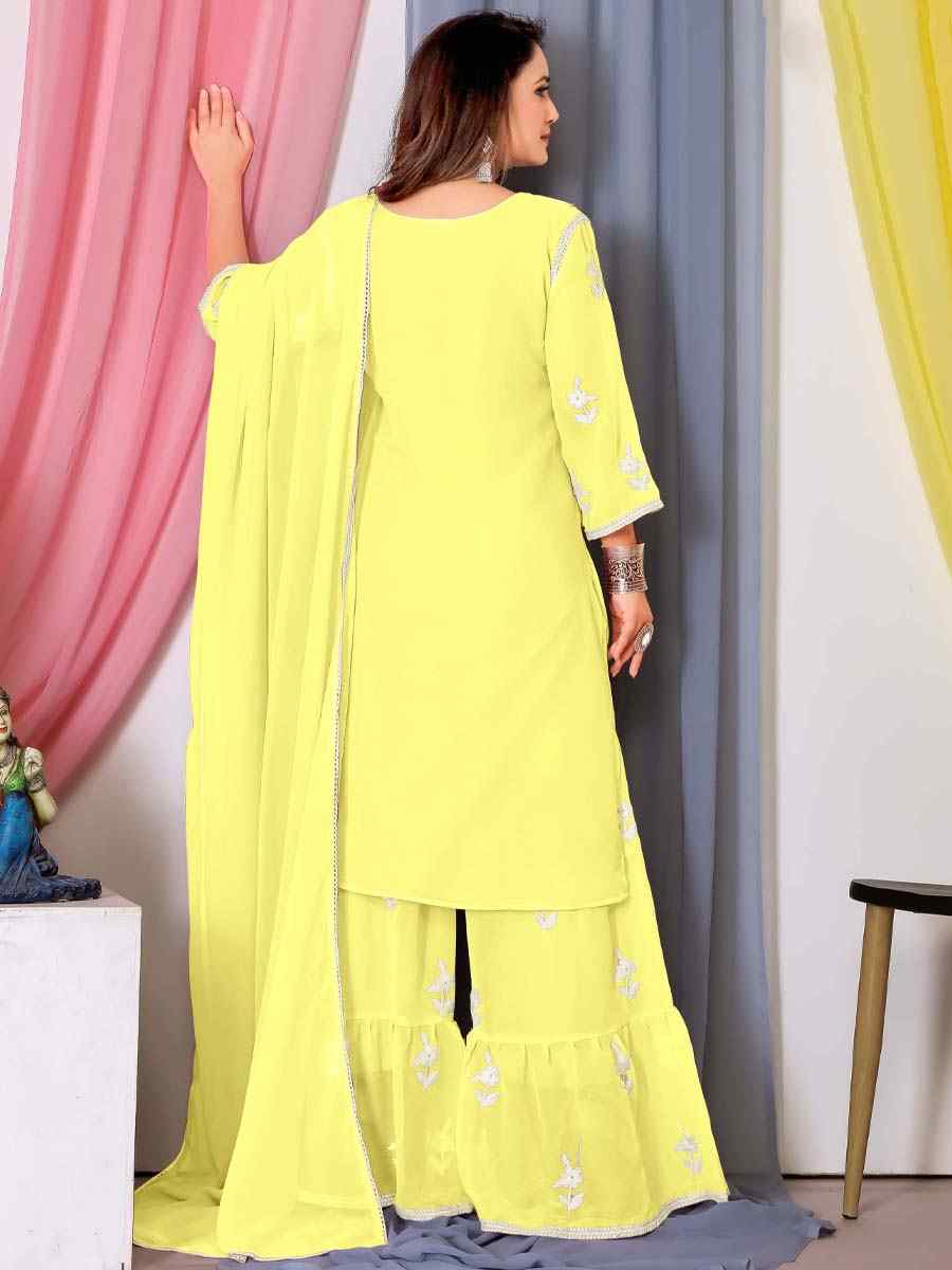 Yellow Faux Georgette Embroidered Festival Casual Ready Sharara Pant Salwar Kameez