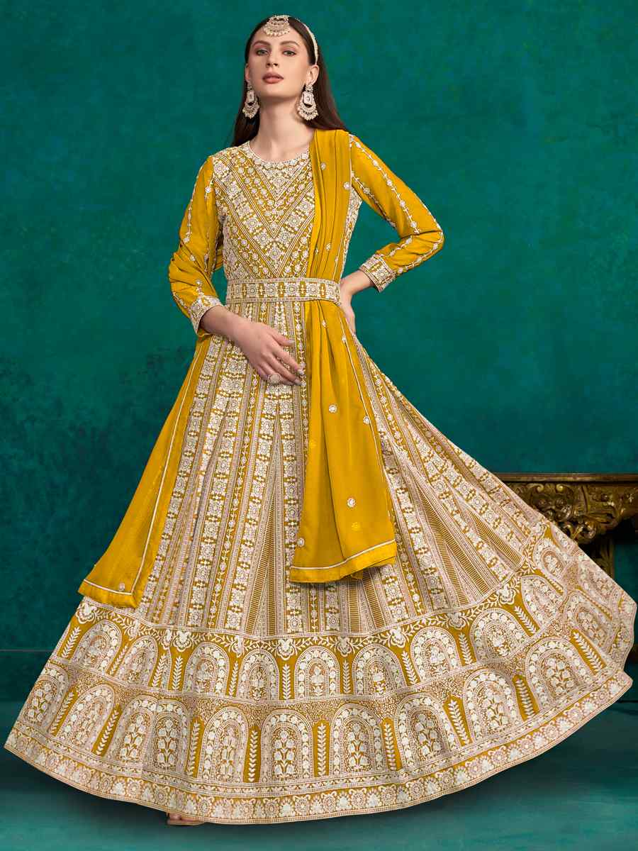 Yellow Faux Georgette Embroidered Festival Wedding Anarkali Salwar Kameez