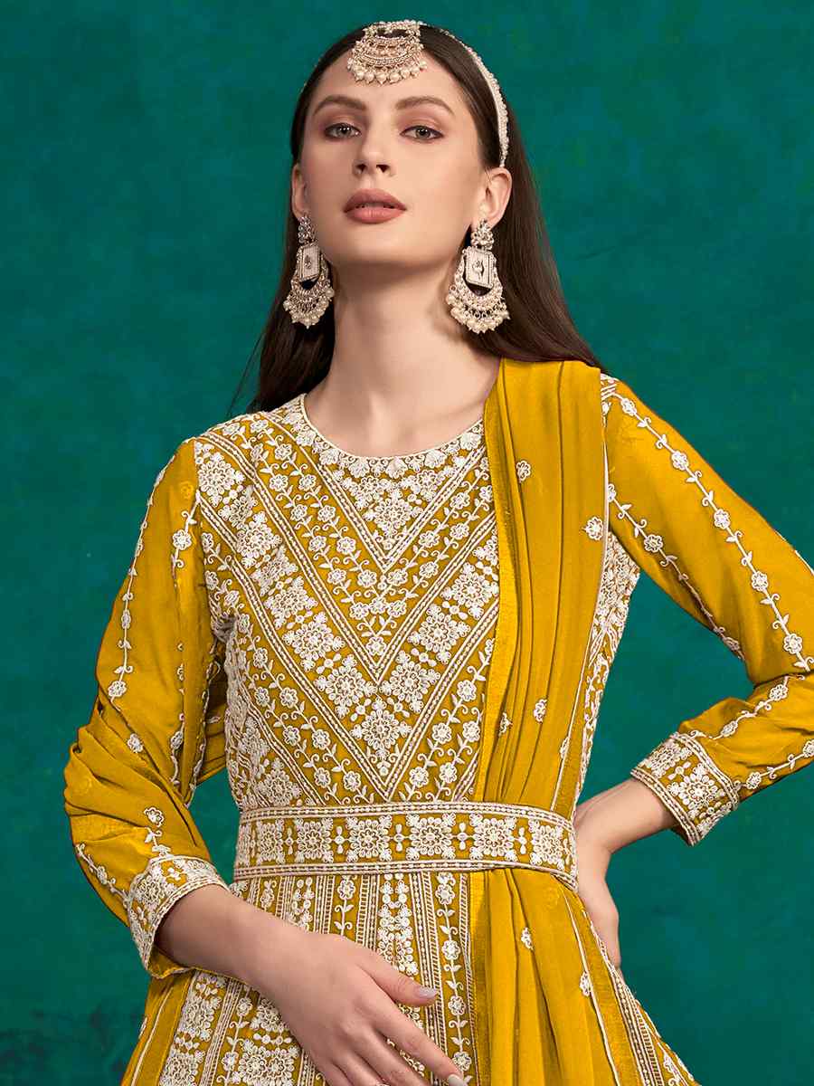 Yellow Faux Georgette Embroidered Festival Wedding Anarkali Salwar Kameez