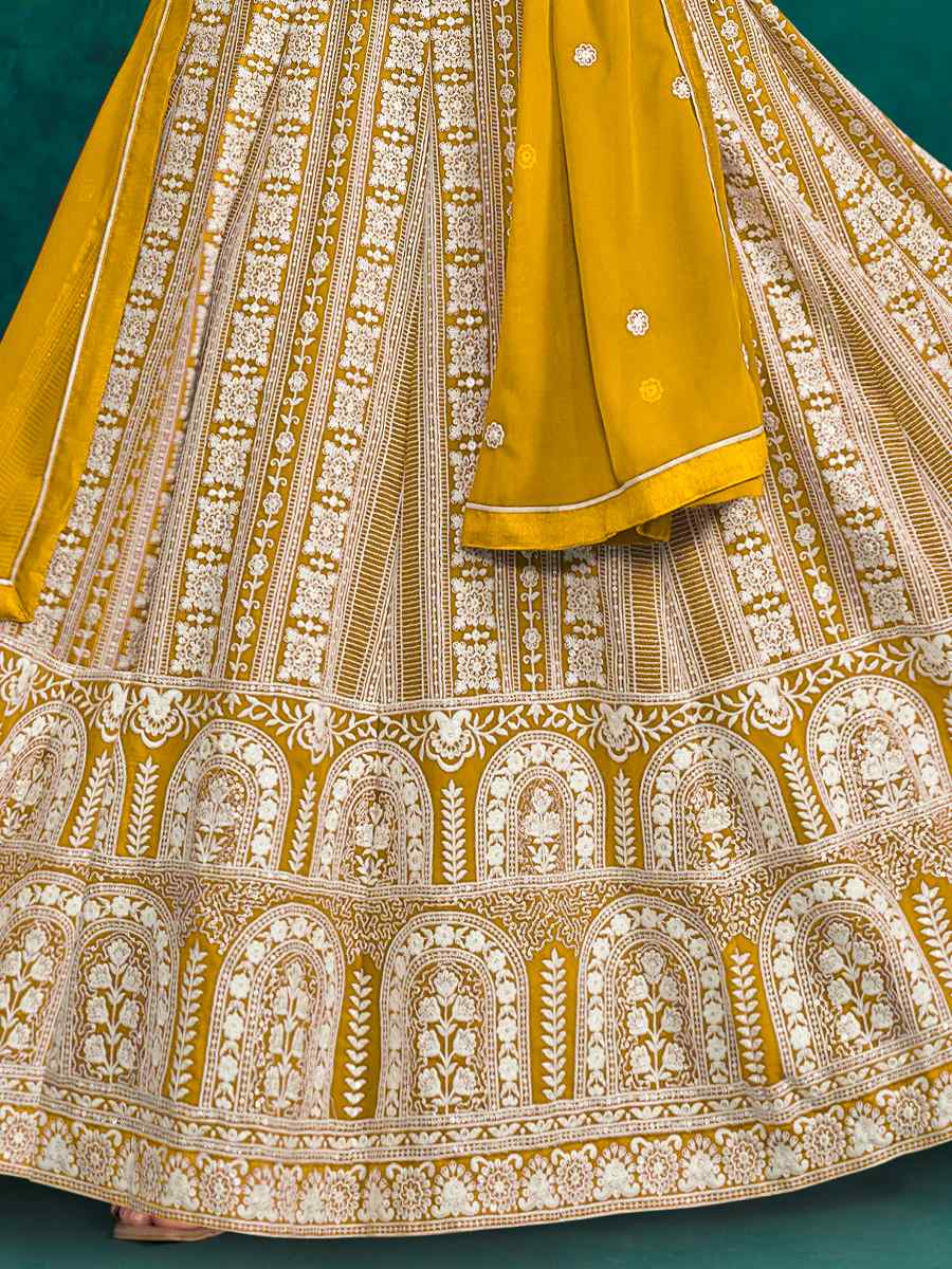 Yellow Faux Georgette Embroidered Festival Wedding Anarkali Salwar Kameez