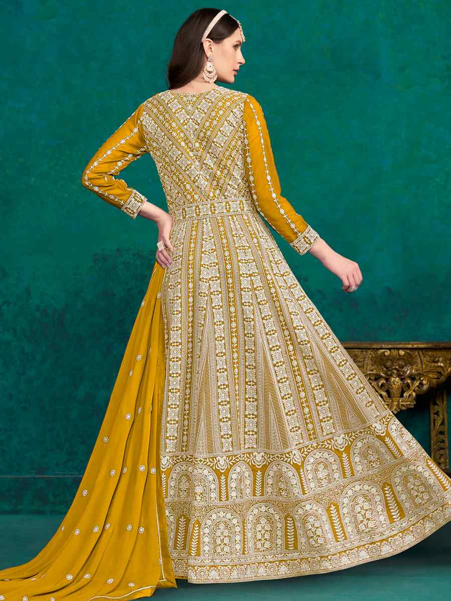 Yellow Faux Georgette Embroidered Festival Wedding Anarkali Salwar Kameez