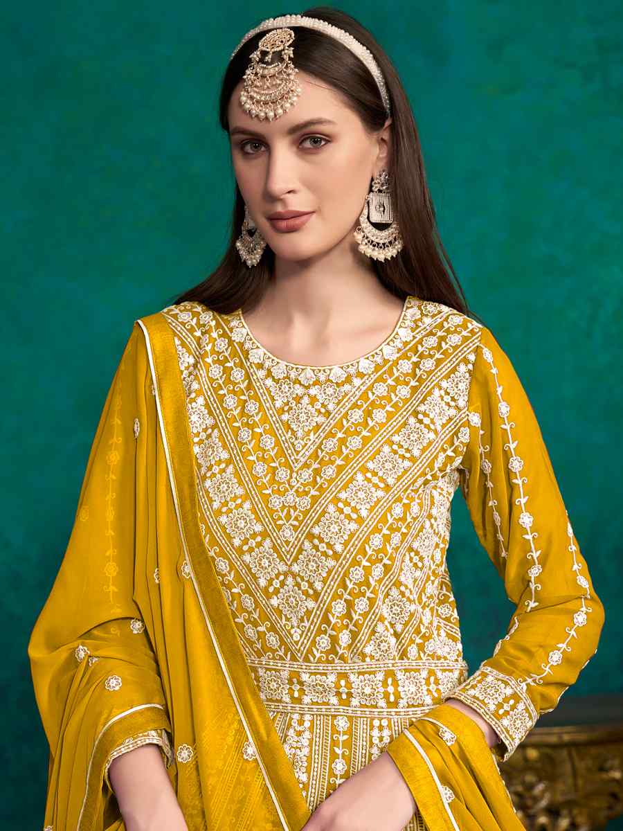 Yellow Faux Georgette Embroidered Festival Wedding Anarkali Salwar Kameez