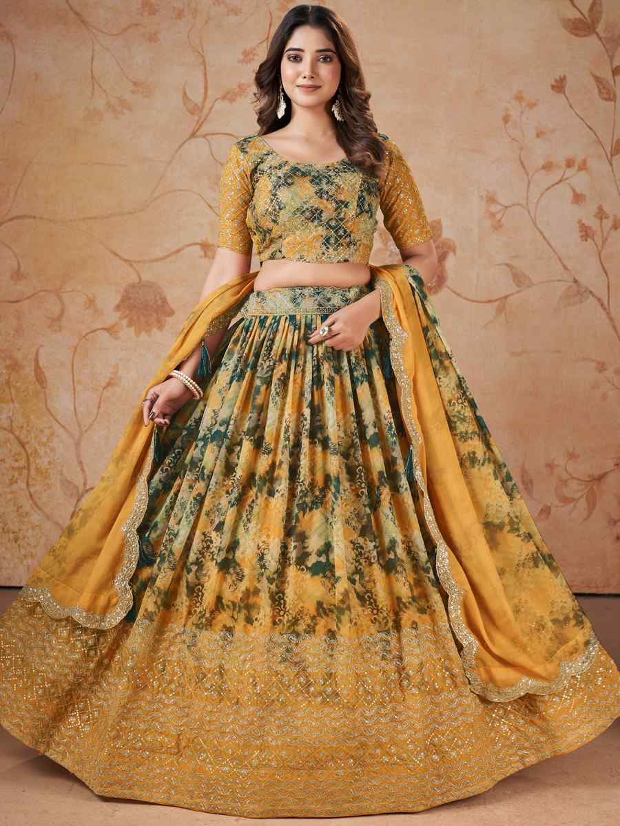 Yellow Faux Georgette Embroidered Mehendi Festival Heavy Border Lehenga Choli