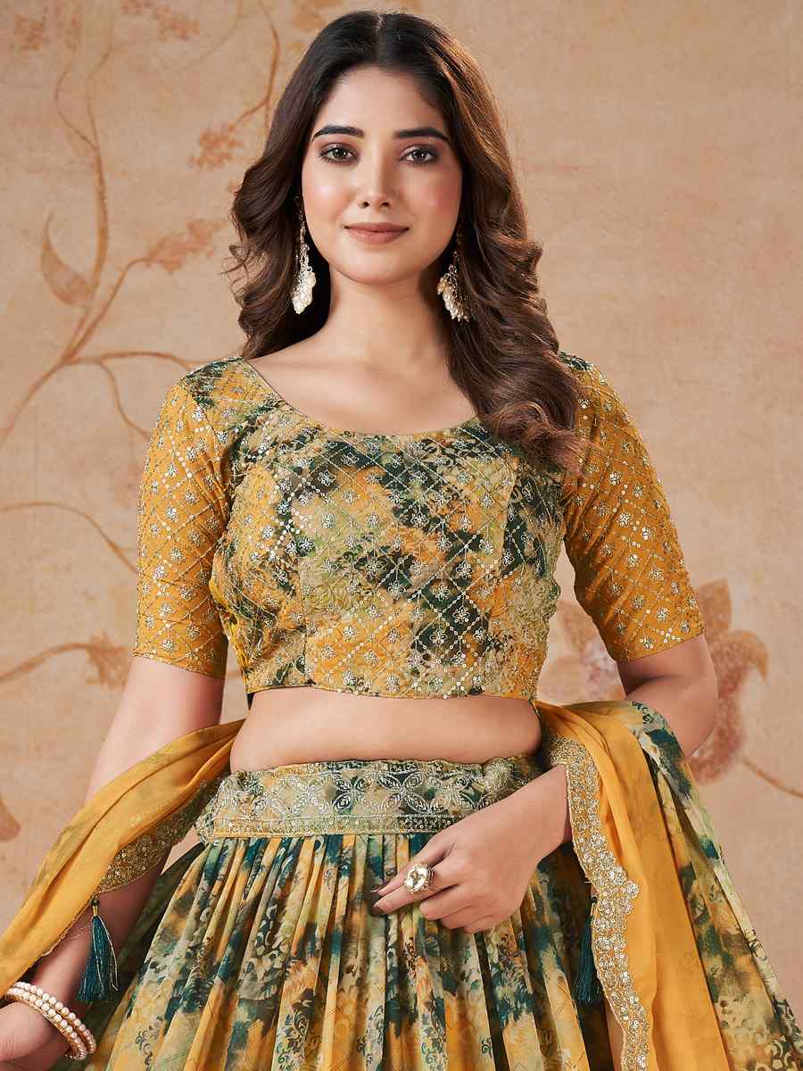 Yellow Faux Georgette Embroidered Mehendi Festival Heavy Border Lehenga Choli