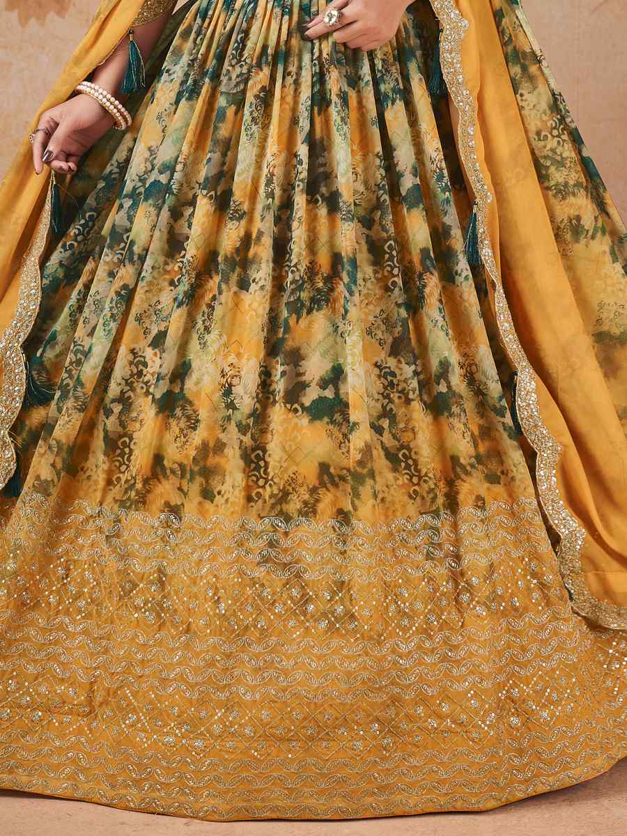 Yellow Faux Georgette Embroidered Mehendi Festival Heavy Border Lehenga Choli