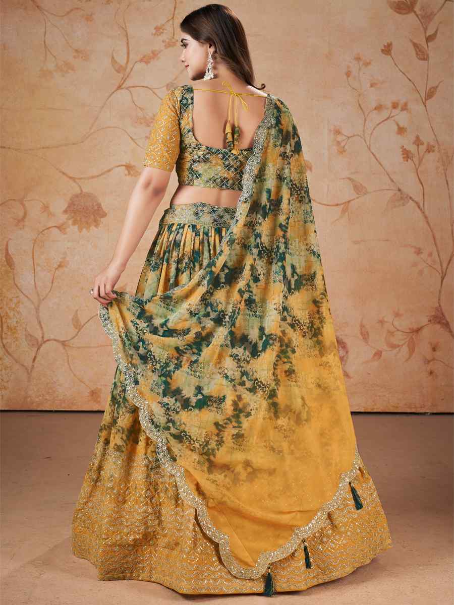 Yellow Faux Georgette Embroidered Mehendi Festival Heavy Border Lehenga Choli