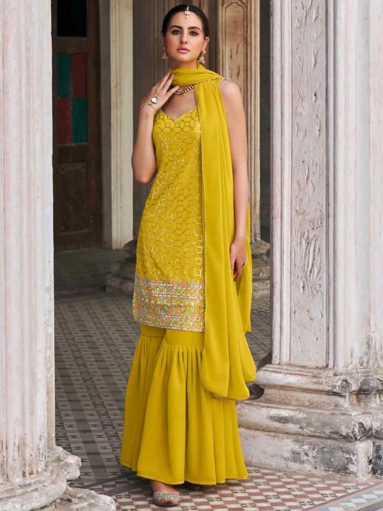 Yellow Faux Georgette Embroidered Wedding Festival Sharara Pant Salwar Kameez