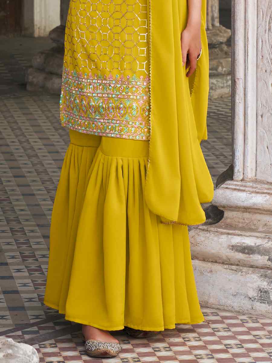 Yellow Faux Georgette Embroidered Wedding Festival Sharara Pant Salwar Kameez