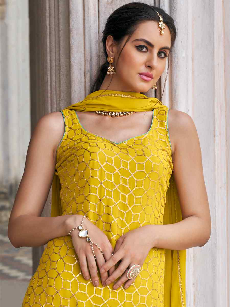 Yellow Faux Georgette Embroidered Wedding Festival Sharara Pant Salwar Kameez