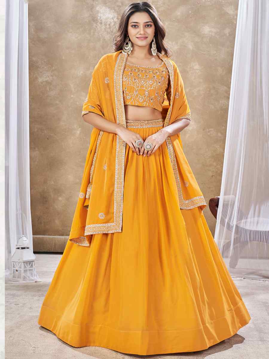 Yellow Faux Georgette Embroidery Reception Party Wear Heavy Border Lehenga Choli