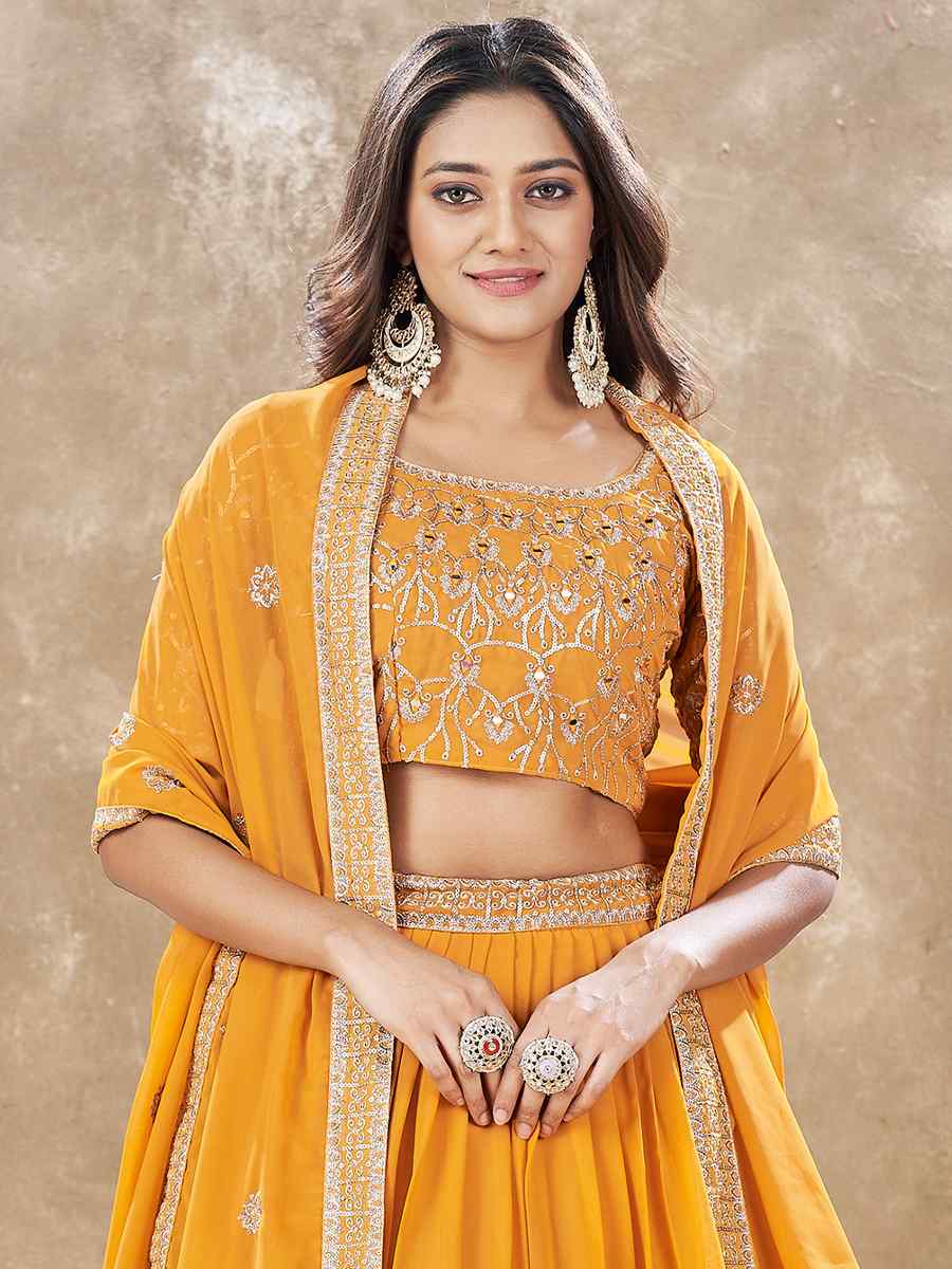 Yellow Faux Georgette Embroidery Reception Party Wear Heavy Border Lehenga Choli