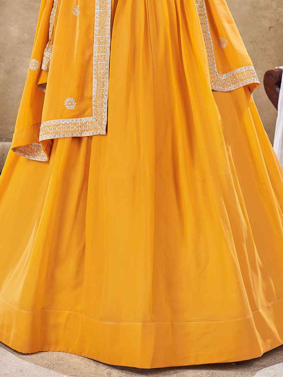 Yellow Faux Georgette Embroidery Reception Party Wear Heavy Border Lehenga Choli