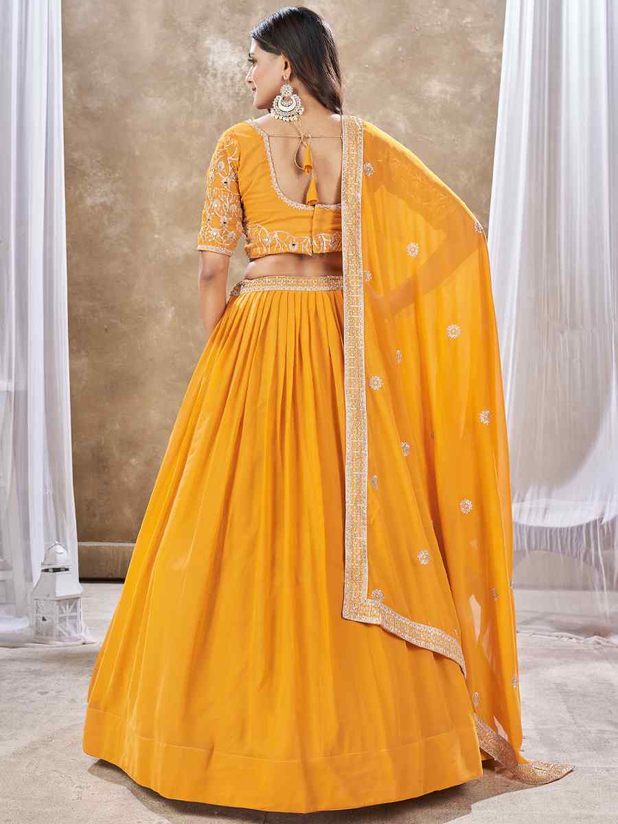 Yellow Faux Georgette Embroidery Reception Party Wear Heavy Border Lehenga Choli