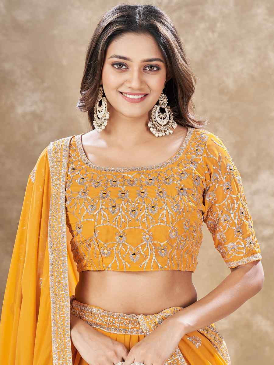 Yellow Faux Georgette Embroidery Reception Party Wear Heavy Border Lehenga Choli