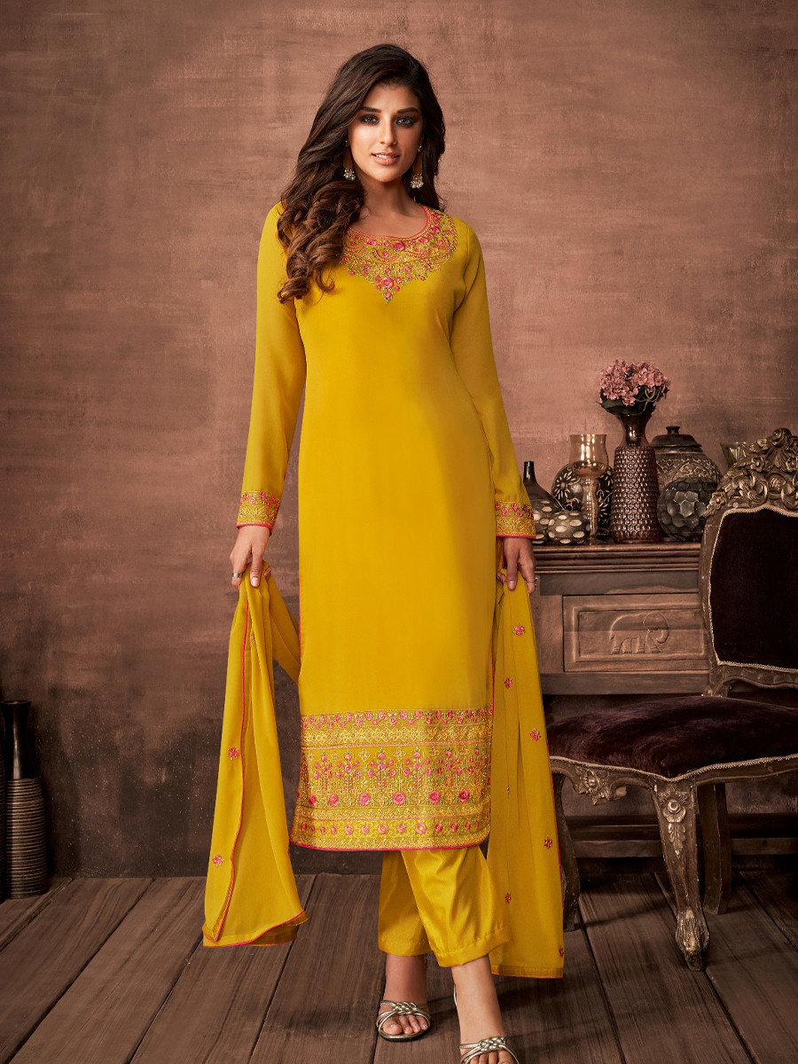 Yellow Georgette Embroidered Festival Casual Pant Salwar Kameez