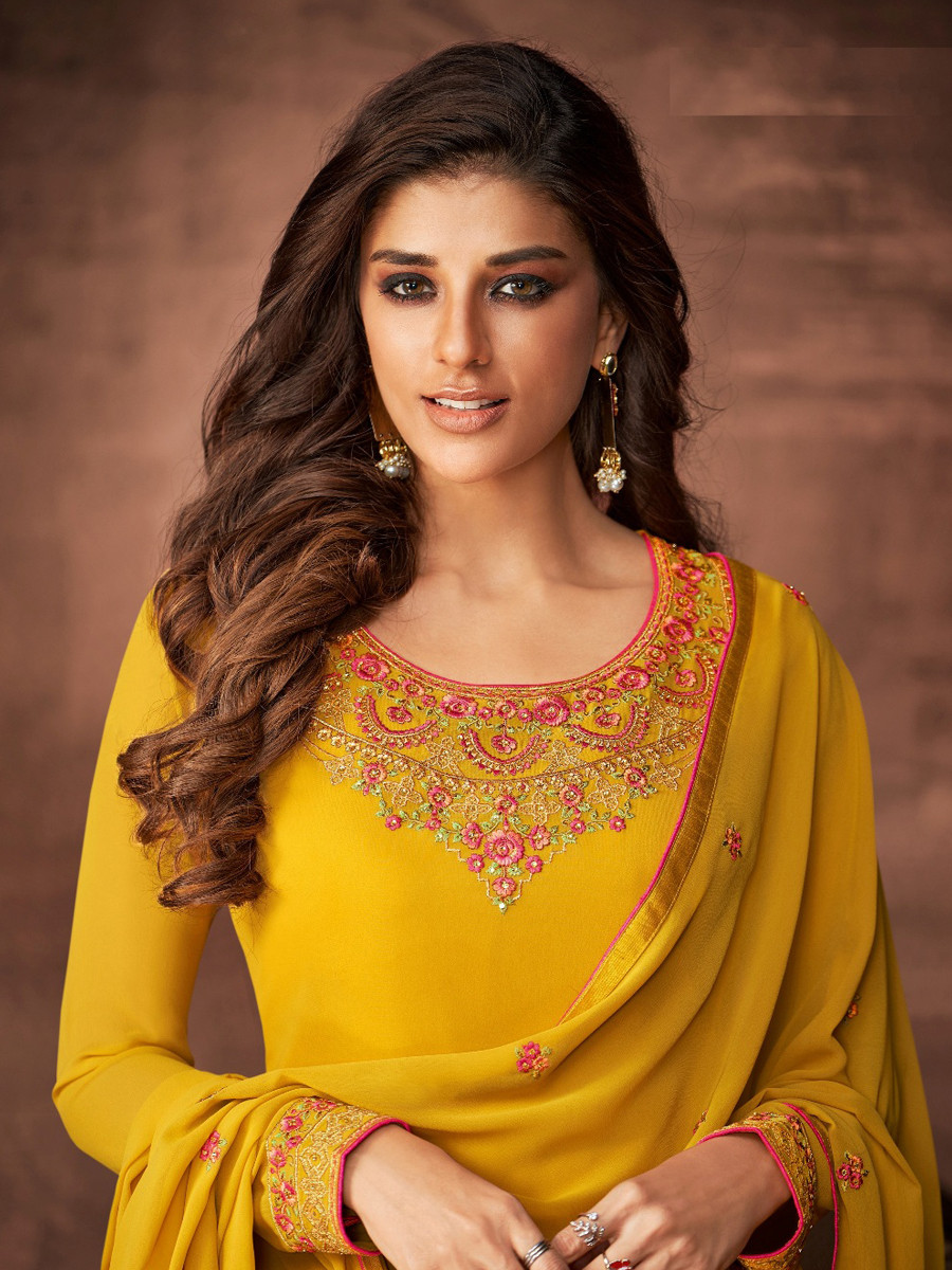 Yellow Georgette Embroidered Festival Casual Pant Salwar Kameez