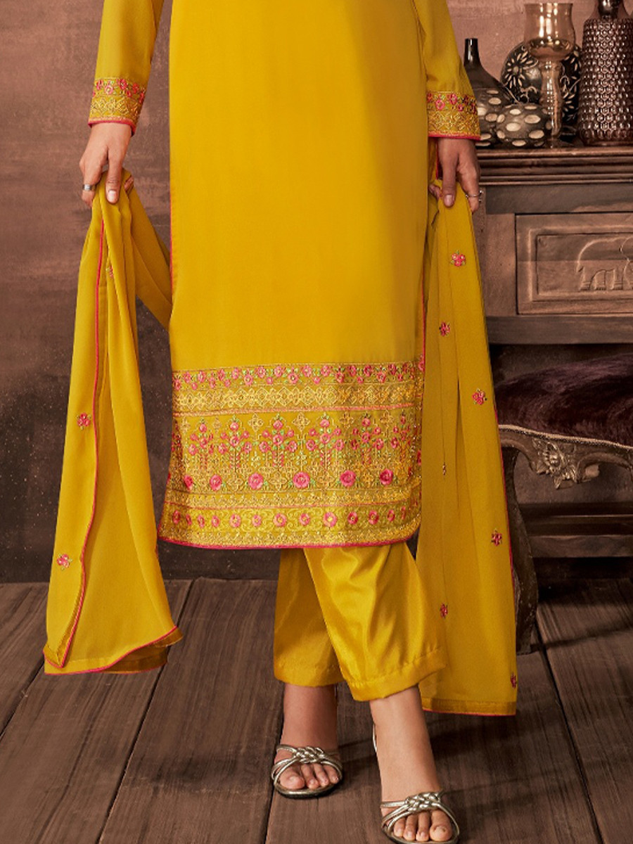 Yellow Georgette Embroidered Festival Casual Pant Salwar Kameez