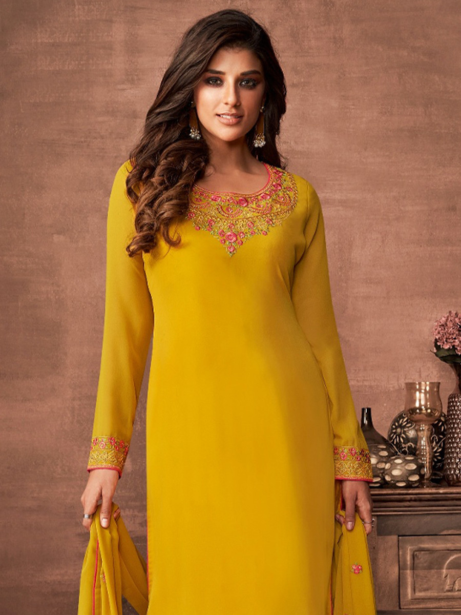 Yellow Georgette Embroidered Festival Casual Pant Salwar Kameez