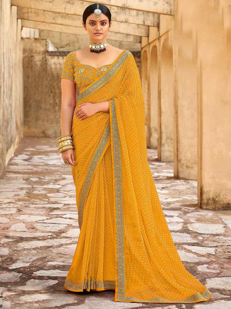 Yellow Georgette Embroidered Festival Party Classic Style Saree