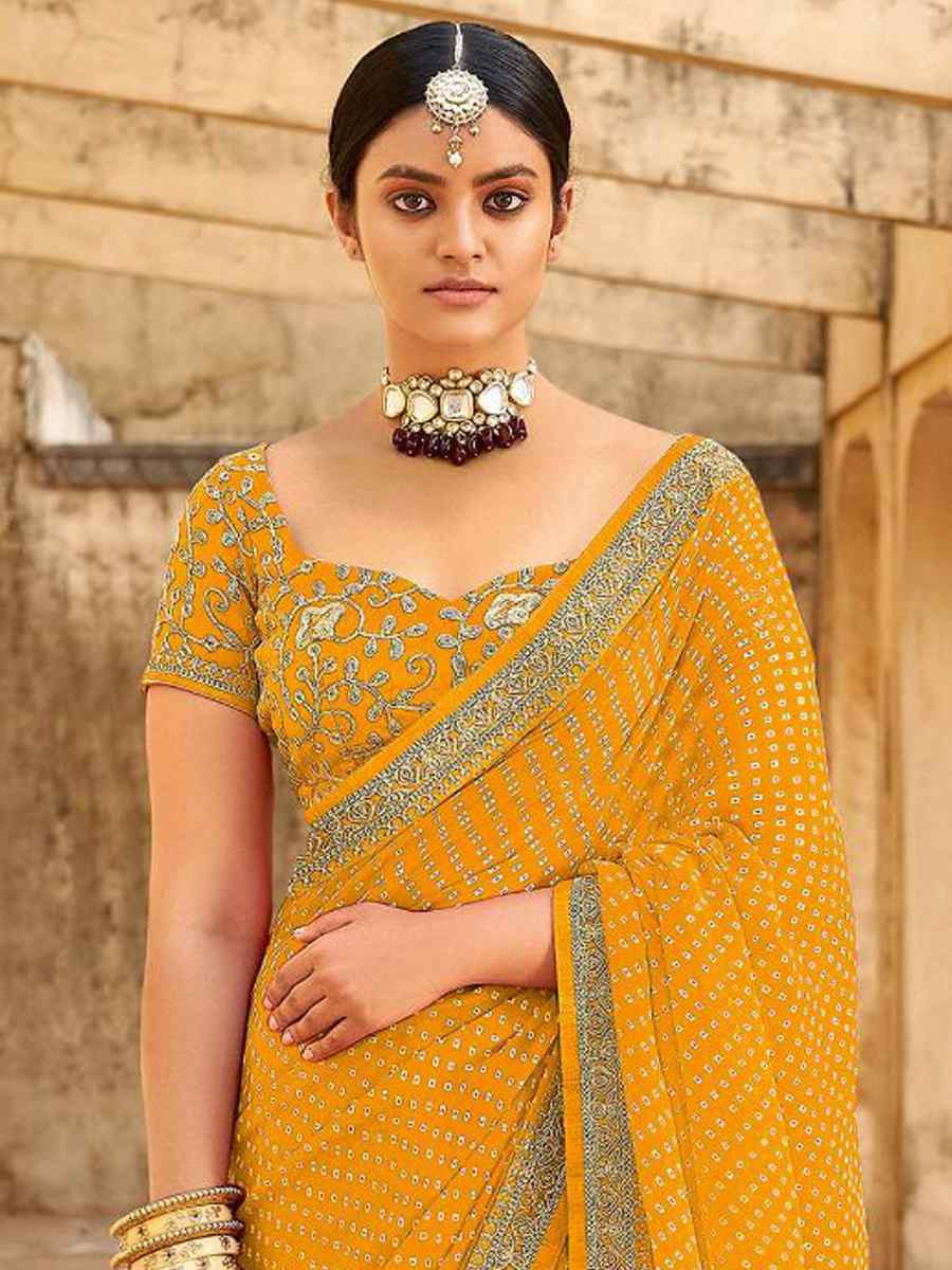 Yellow Georgette Embroidered Festival Party Classic Style Saree