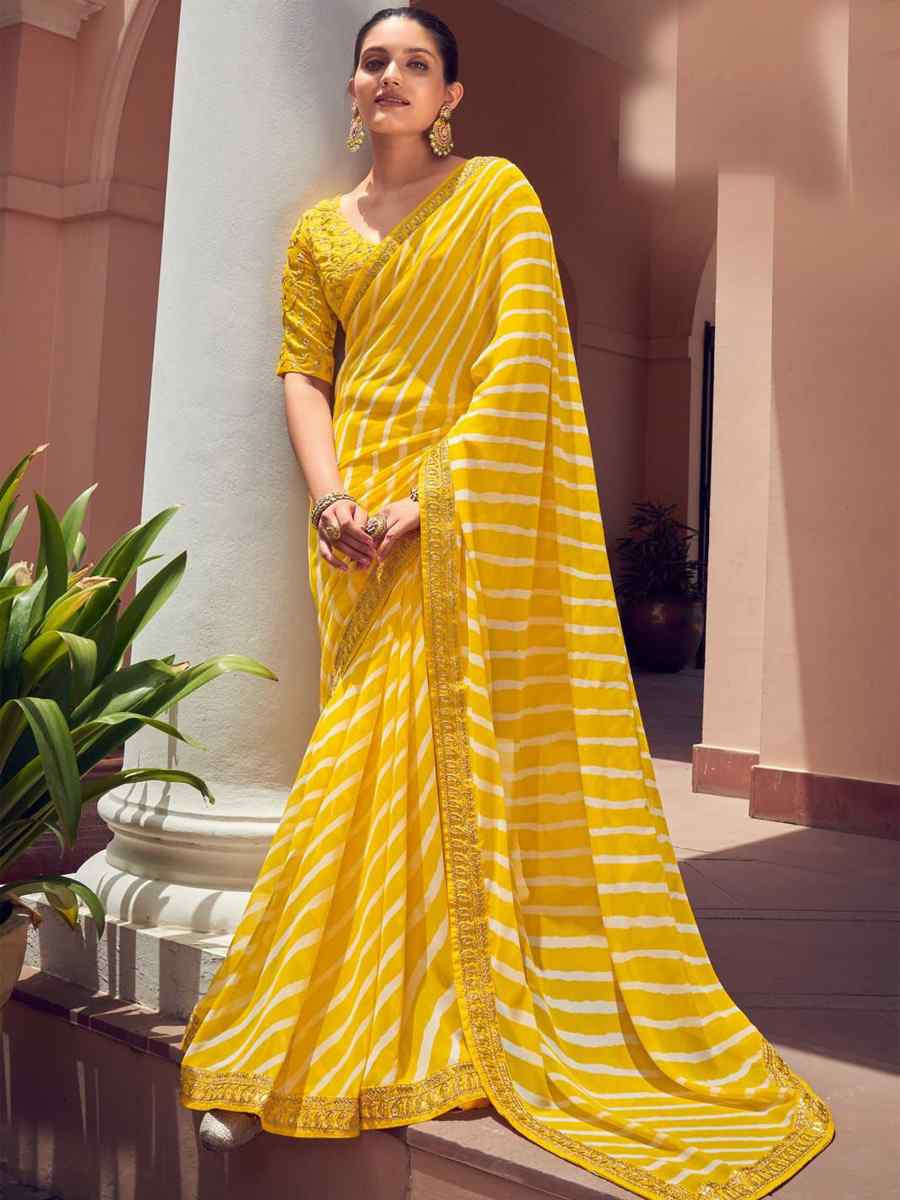 Yellow Georgette Embroidered Festival Party Classic Style Saree