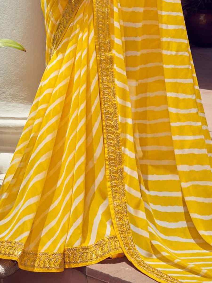 Yellow Georgette Embroidered Festival Party Classic Style Saree