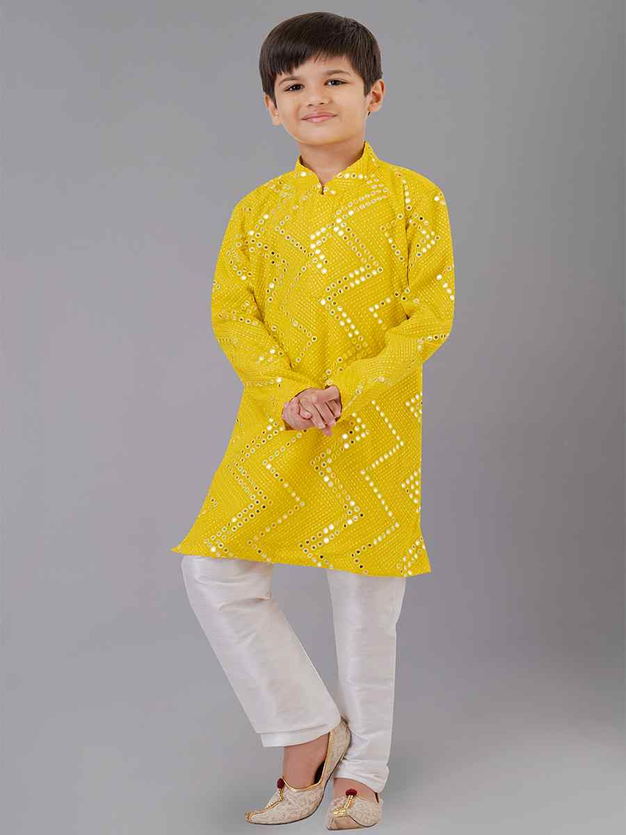 Yellow Georgette Embroidered Festival Traditional Kurta Pyjama Boys Wear