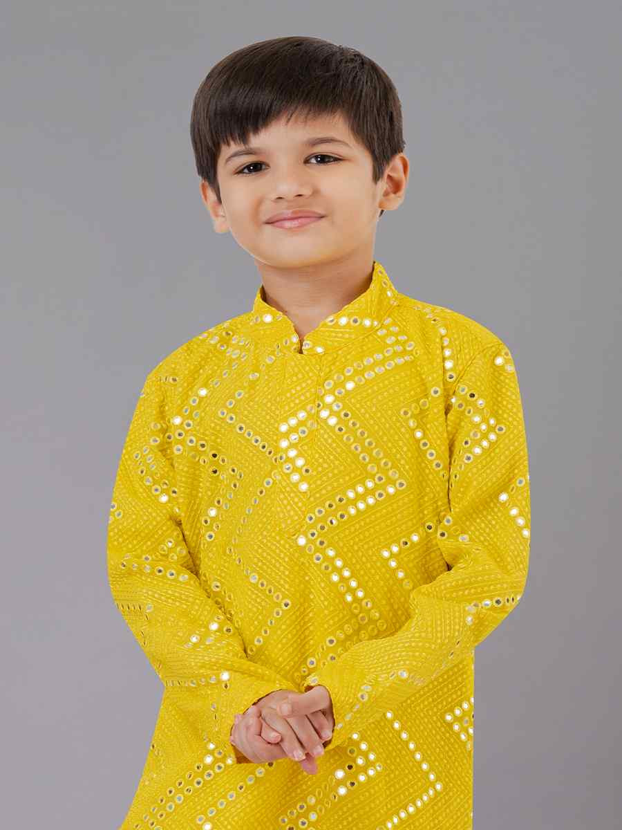 Yellow Georgette Embroidered Festival Traditional Kurta Pyjama Boys Wear