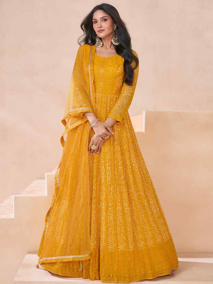 Yellow Georgette Embroidered Festival Wedding Anarkali Salwar Kameez