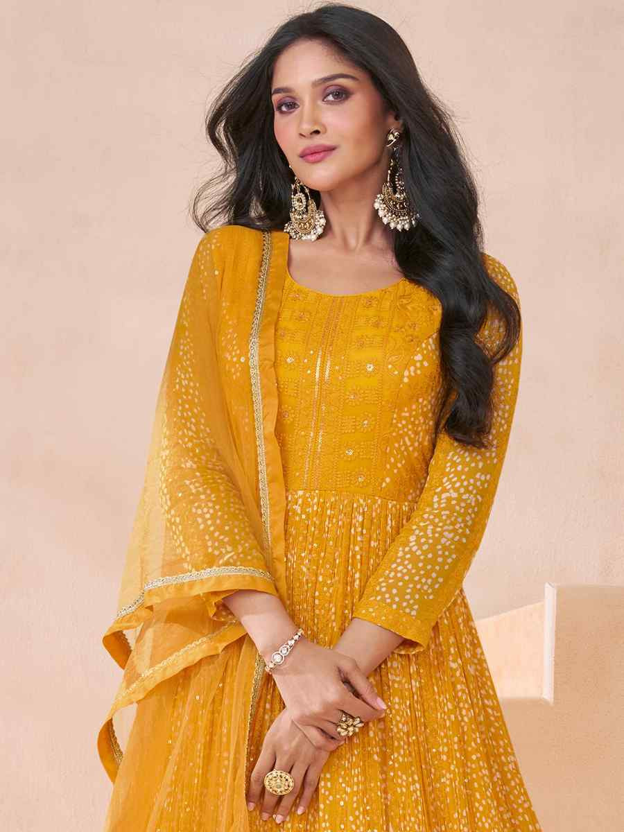 Yellow Georgette Embroidered Festival Wedding Anarkali Salwar Kameez