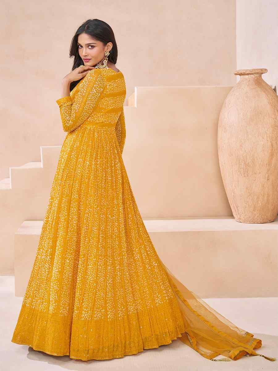 Yellow Georgette Embroidered Festival Wedding Anarkali Salwar Kameez