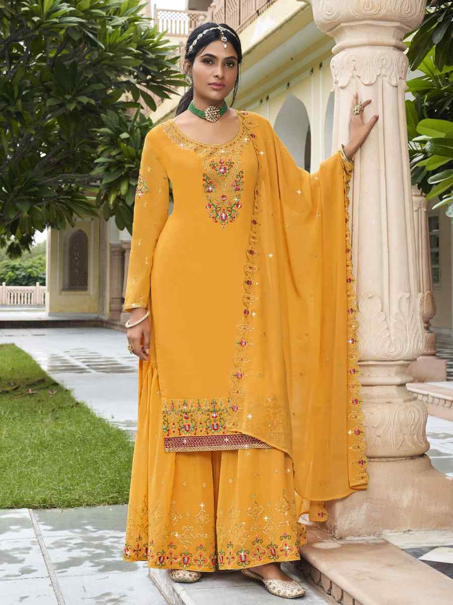 Yellow Georgette Embroidered Festival Wedding Palazzo Pant Salwar Kameez