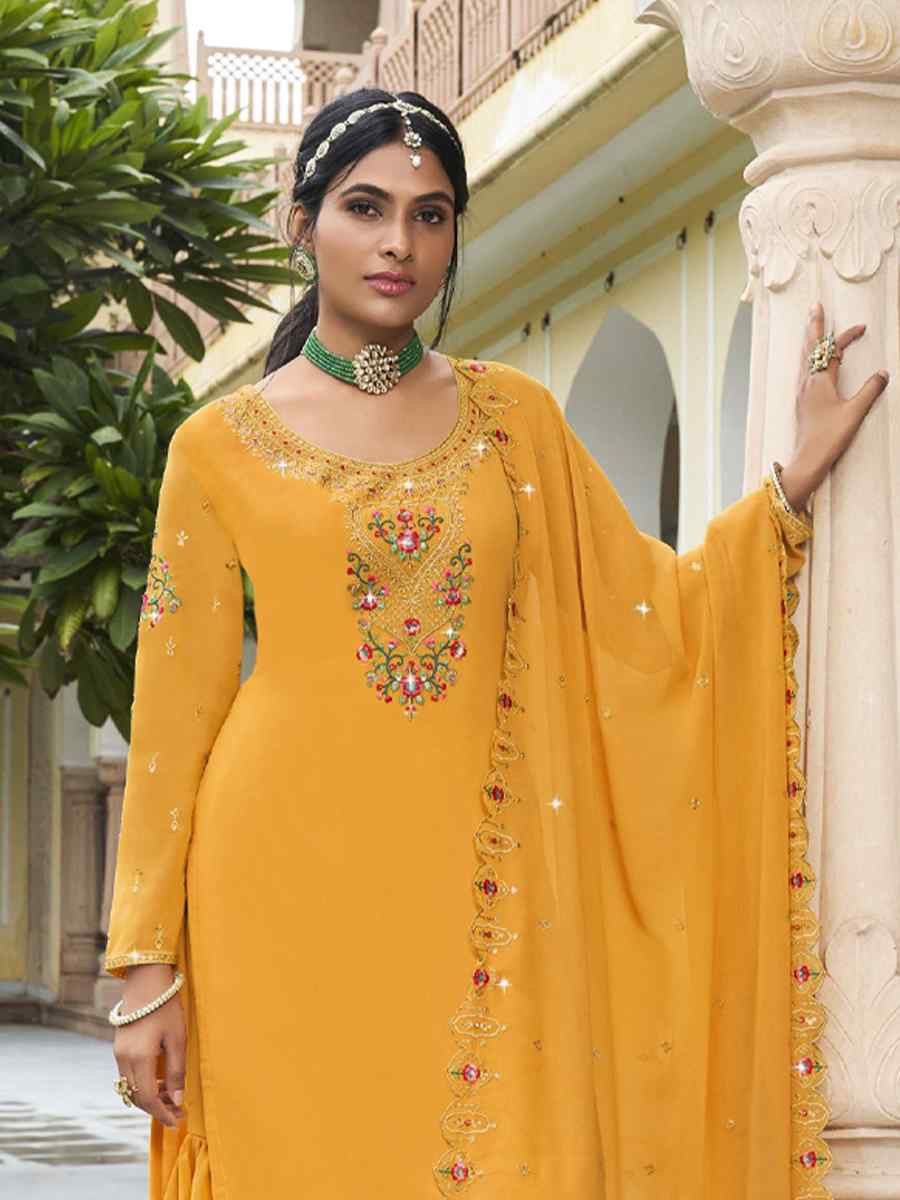 Yellow Georgette Embroidered Festival Wedding Palazzo Pant Salwar Kameez