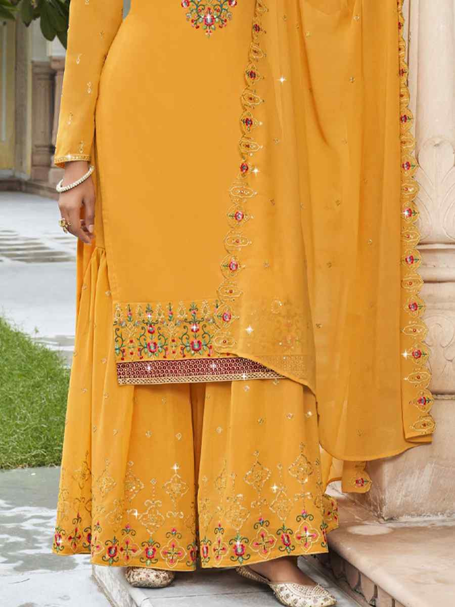 Yellow Georgette Embroidered Festival Wedding Palazzo Pant Salwar Kameez