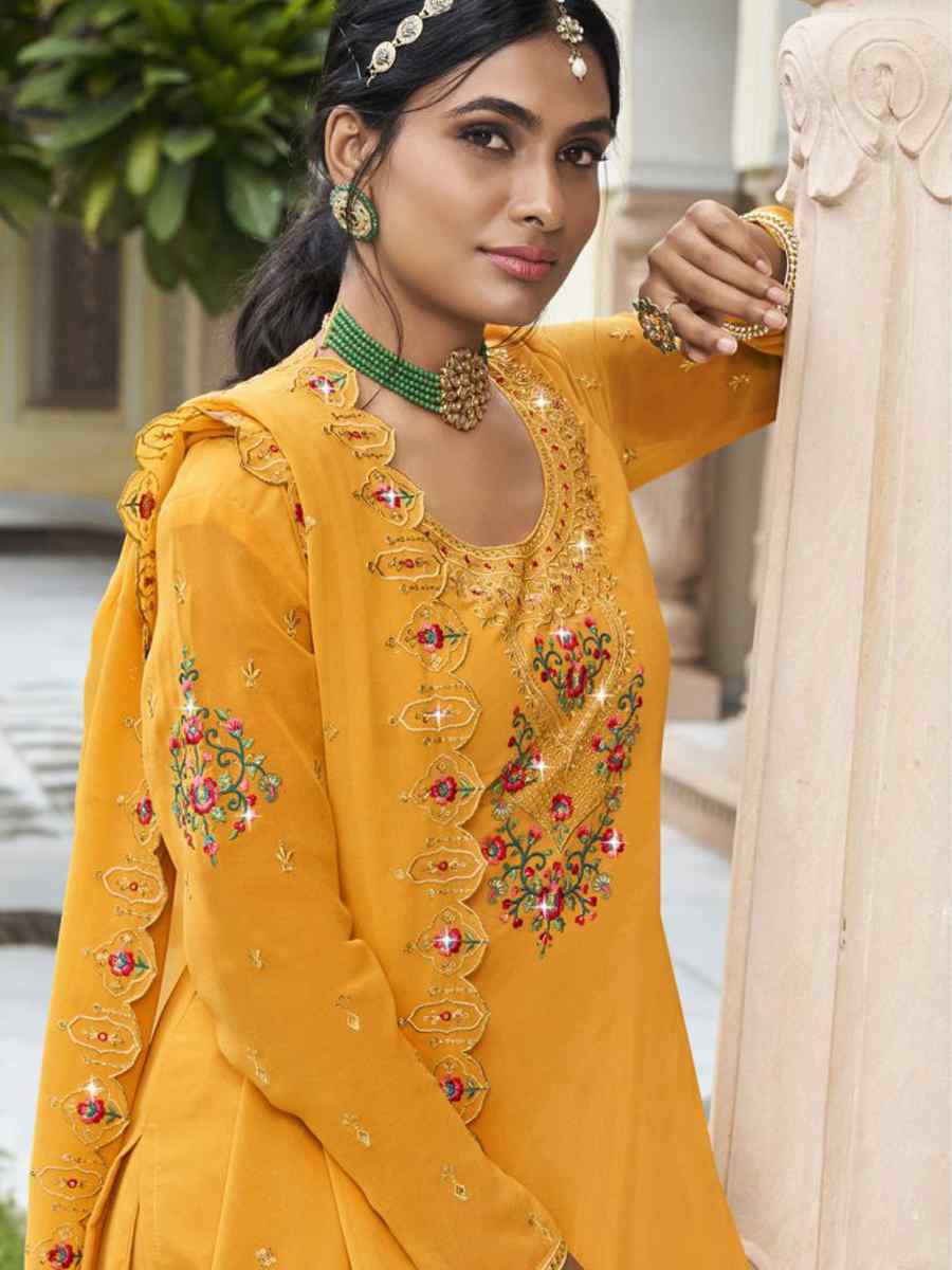 Yellow Georgette Embroidered Festival Wedding Palazzo Pant Salwar Kameez