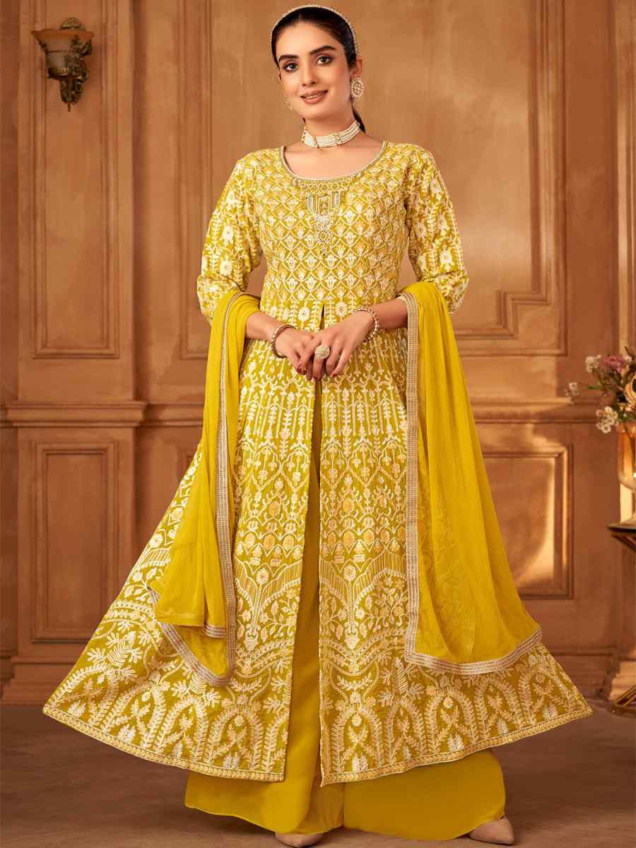 Yellow Georgette Embroidered Festival Wedding Ready Palazzo Pant Salwar Kameez