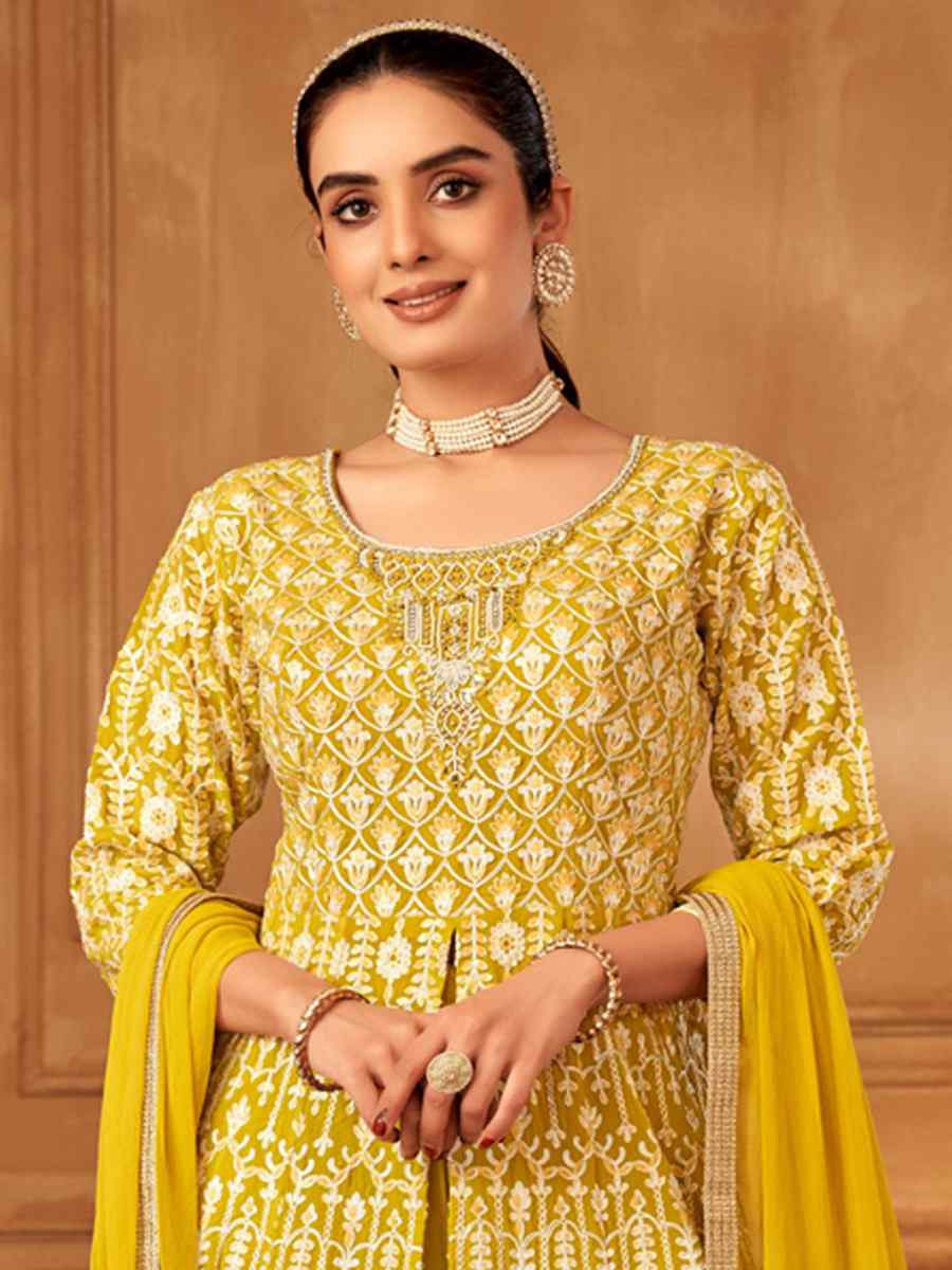 Yellow Georgette Embroidered Festival Wedding Ready Palazzo Pant Salwar Kameez