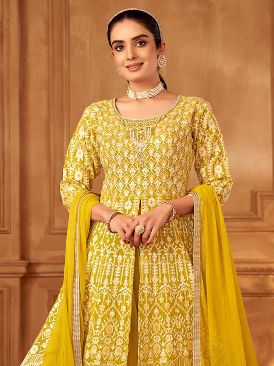 Yellow Georgette Embroidered Festival Wedding Ready Palazzo Pant Salwar Kameez