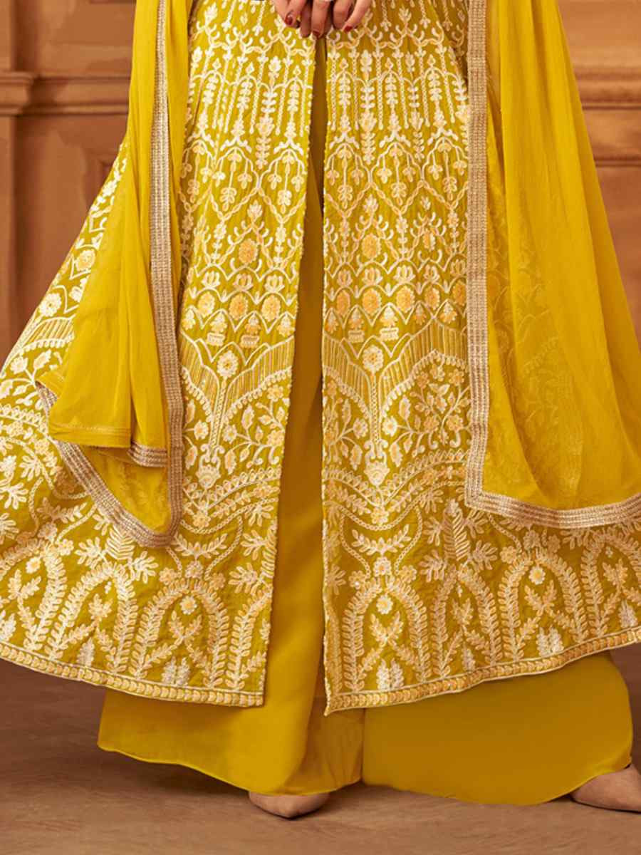 Yellow Georgette Embroidered Festival Wedding Ready Palazzo Pant Salwar Kameez