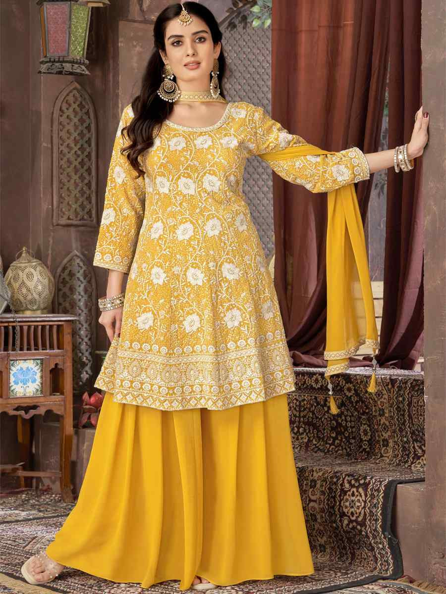 Yellow Georgette Embroidered Festival Wedding Ready Palazzo Pant Salwar Kameez