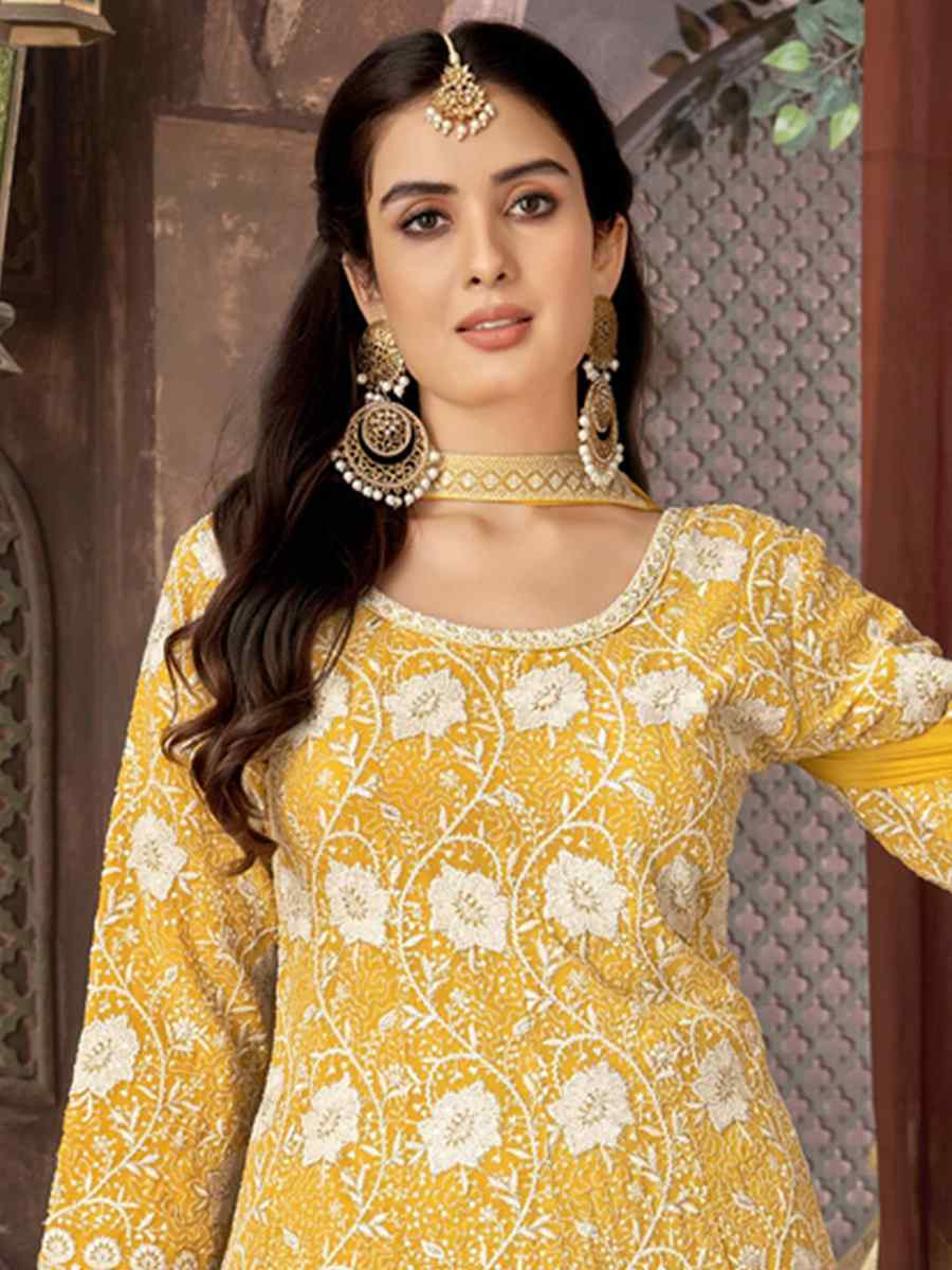 Yellow Georgette Embroidered Festival Wedding Ready Palazzo Pant Salwar Kameez