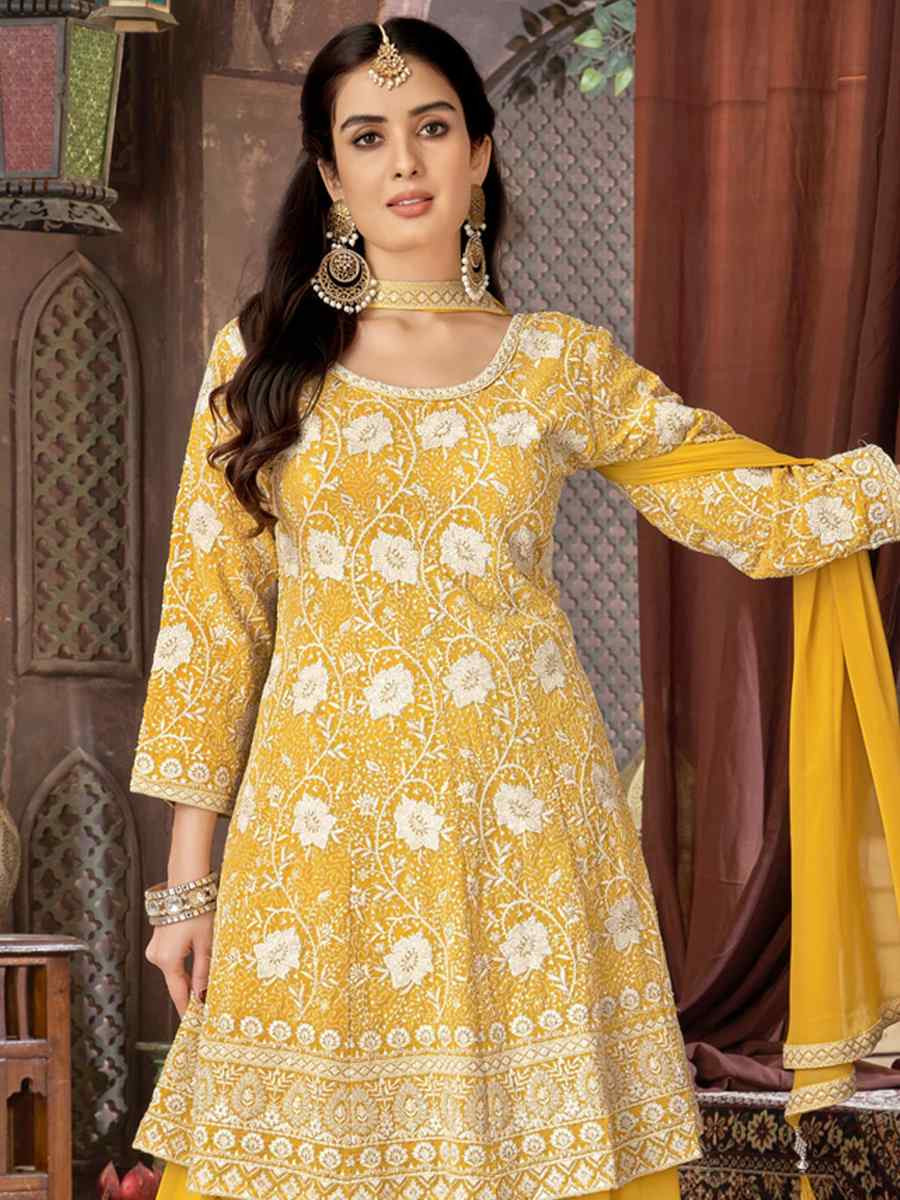 Yellow Georgette Embroidered Festival Wedding Ready Palazzo Pant Salwar Kameez