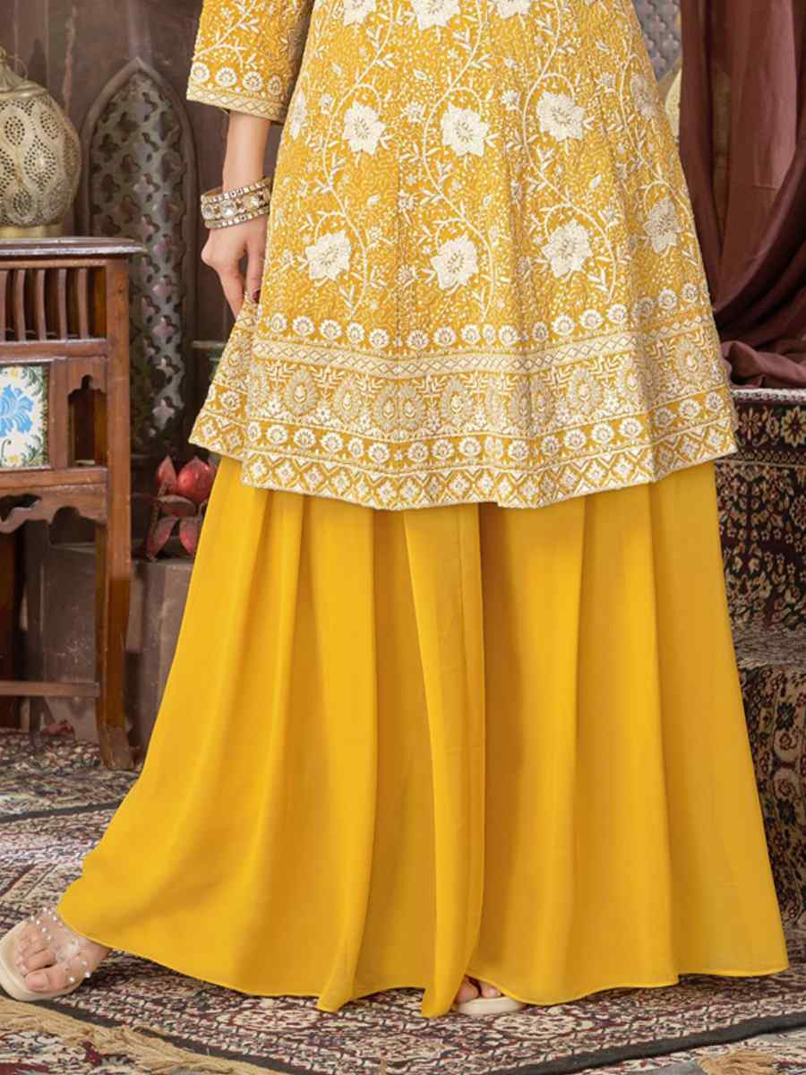 Yellow Georgette Embroidered Festival Wedding Ready Palazzo Pant Salwar Kameez