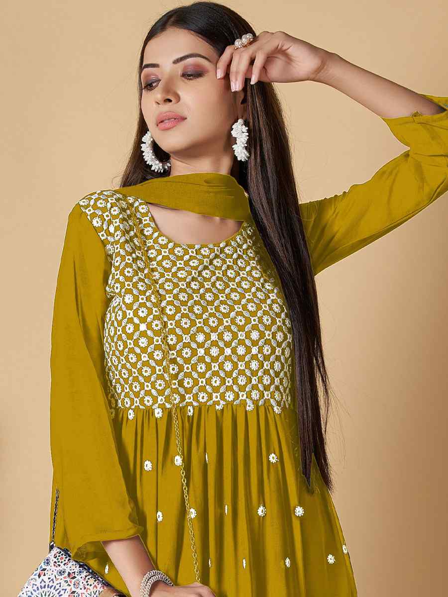 Yellow Georgette Embroidered Festival Wedding Ready Palazzo Pant Salwar Kameez