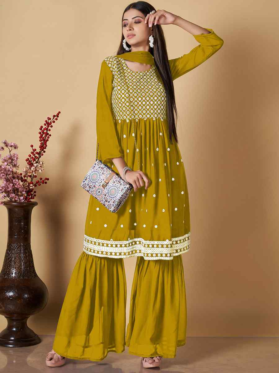 Yellow Georgette Embroidered Festival Wedding Ready Palazzo Pant Salwar Kameez